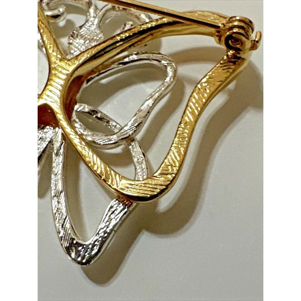 Vintage Two-Tone Butterfly Brooch Gold & Silver Tone Modernist Openwork Pin 1.5